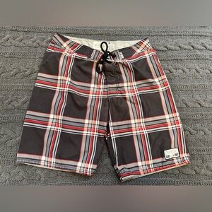 Aeropostale Men's Checkered Swim Trunks - Black & Red Plaid (Size 34)